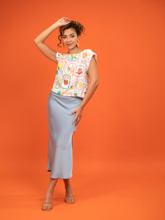 Blusa Estampada -  Falda Satinada