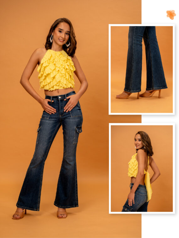 Blusa Halter de Espalda Descubierta - Jeans Flare Cargo